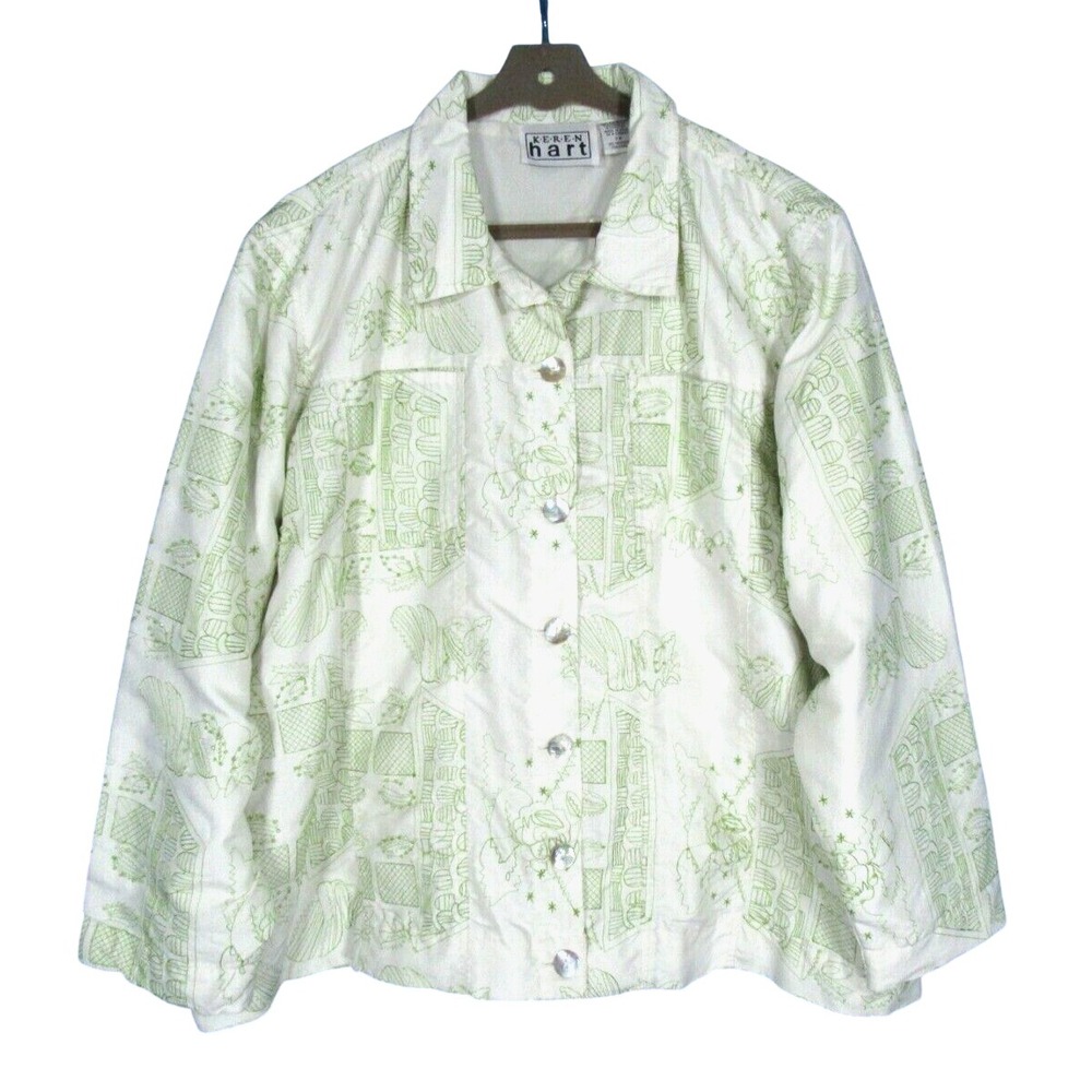NWT VTG KEREN HART White/Green EMBROIDERED BEADED Button-Up Shirt JACKET TOP  2X